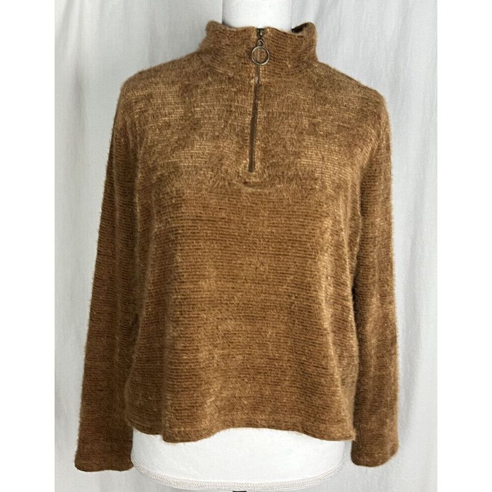 Self Esteem Women Brown Crop Long Sleeve‎ 1/4 Zip Sweatshirt Size XL